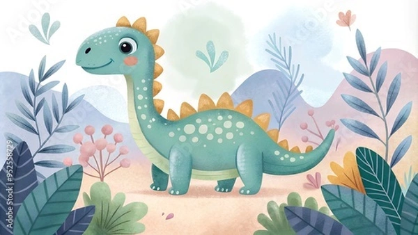 Obraz  A whimsical cartoon dinosaur in a lush environment, surrounded by vibrant plants and soft hills. The playful design is perfect for children's books, room decor, or educational materials, emphasizing 
