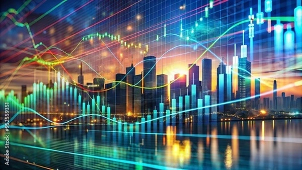 Fototapeta Cityscape of Growth: Dynamic stock market data and a vibrant cityscape merge into a captivating visual representation of financial progress.  