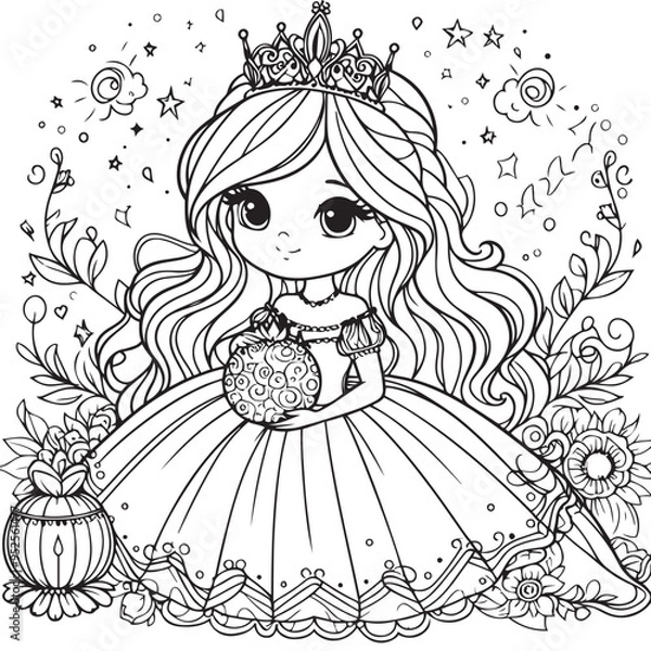Obraz Black and white vector illustration of children's activity coloring book pages with pictures of Character princess