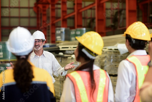 Obraz Professional Caucasian manager engineer wearing safety hardhat is training industry worker, workshop factory operator, mechanical engineering team production in heavy industrial manufacture factory.