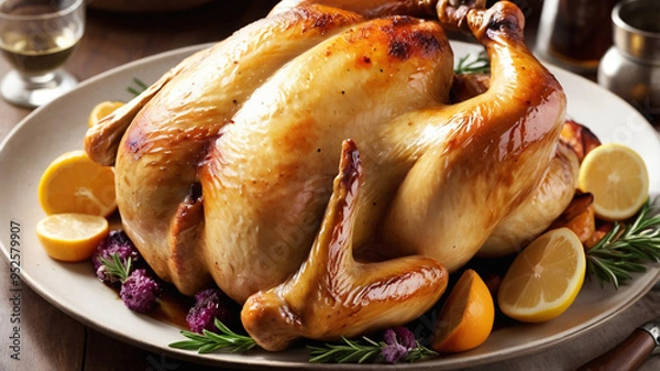 Obraz Whole roasted chicken served on a plate