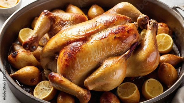 Obraz Whole roasted chicken served on a plate