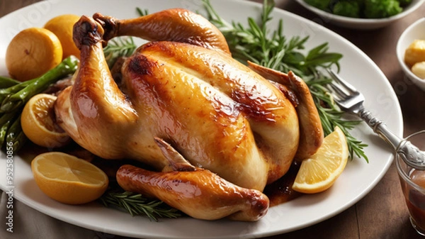 Obraz Whole roasted chicken served on a plate