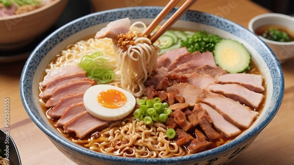 Obraz ramen topped with sliced ​​pork and sunny side up egg