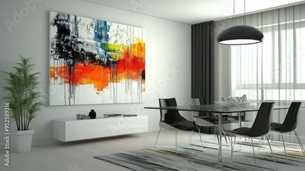Fototapeta Abstract Art Dining Room: A modern dining room interior features a large abstract painting as a focal point, adding a vibrant touch of color and texture to the minimalist space. The sleek glass table.