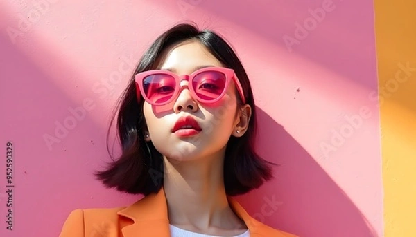 Fototapeta photoshoot of an elegant a Asian woman wearing sunglasses and stylish , standing in front of colorful abstract shapes