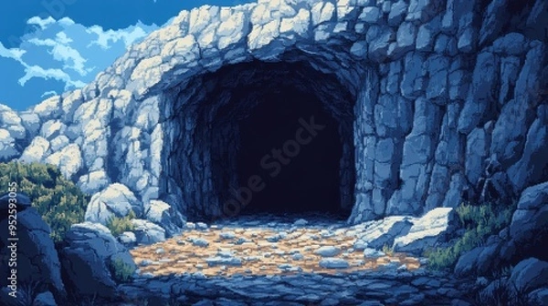 Obraz Retro Pixel Art Cave Entrance with Dark Copy Space for Modern Exploration Games