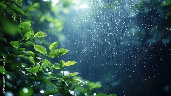 Fototapeta Raindrops cascade through dark leaves, bringing a peaceful ambiance to the tranquil forest at twilight