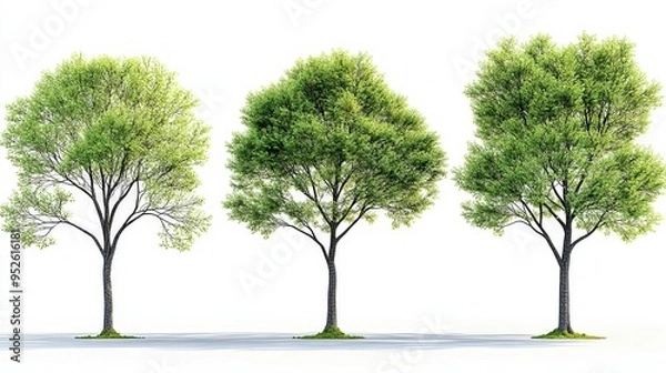 Fototapeta A set of four trees with realistic green leaves and various shapes and sizes, against a clean white background The trees are depicted with high detail and no ground shadows