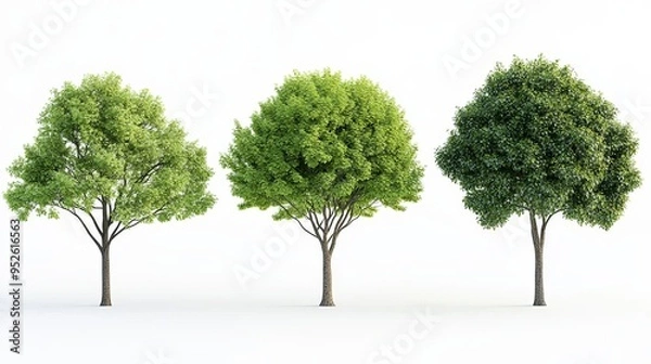 Fototapeta Four distinct trees featuring realistic green leaves and varying shapes and sizes, shown against a white background The image is presented with hyperrealistic detail and no shadows