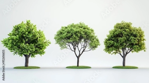 Fototapeta Four diverse trees featuring realistic green leaves and various sizes and shapes