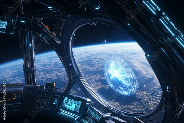 Fototapeta A spaceship is shown in a window of a space station