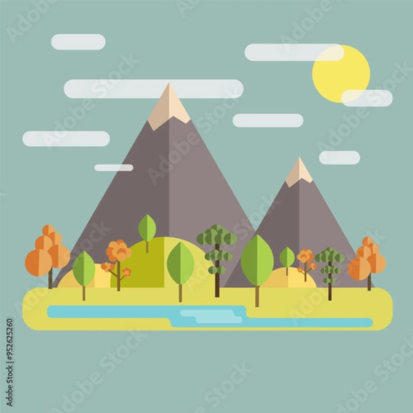 Obraz A flat illustration of an autumn landscape. Colorful vector flat icon nature, mountains, lake, sun, trees, mountains, clouds. Vector illustration in a flat style, layout.