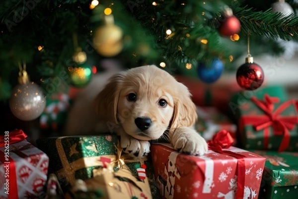 Obraz Golden Retriever Puppy Resting Under Christmas Tree with Presents