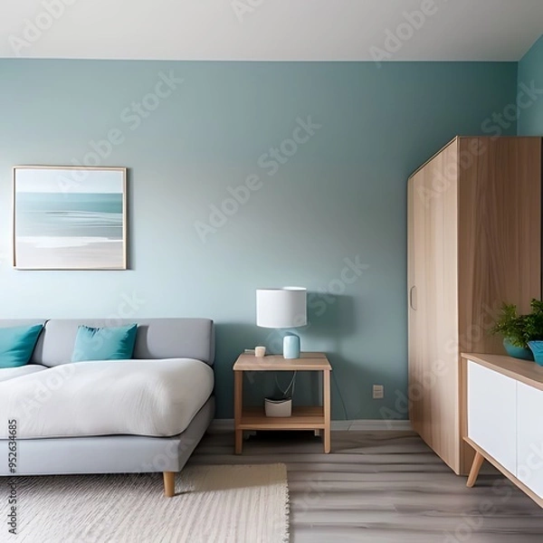 Fototapeta Modern living room with light aqua walls, featuring a matching sofa, light wood flooring, and a minimalist aesthetic, creating a fresh and airy ambiance.