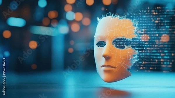 Fototapeta Creative representation of a futuristic robotic face with digital elements on a blurred background.