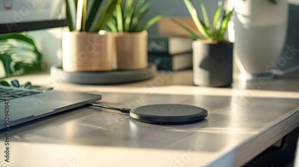 Obraz Modern Wireless Charging Pad on Desk Promoting Clean Aesthetic and Cord-Free Organization