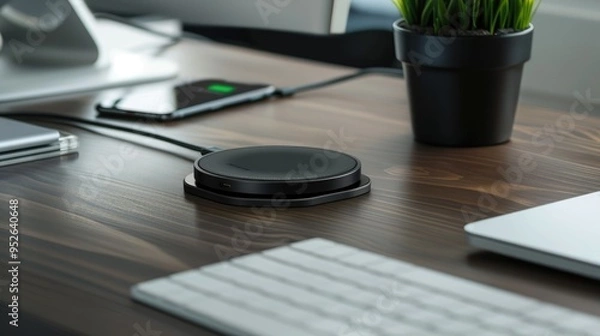 Fototapeta Modern Wireless Charging Pad on Desk Promoting Clean and Organized Workspace