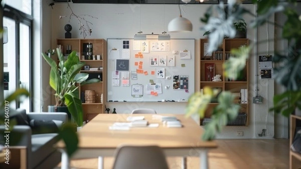 Fototapeta Modern Workspace with Whiteboard and Magnetic Organizers for Creative Brainstorming and Idea Visualization