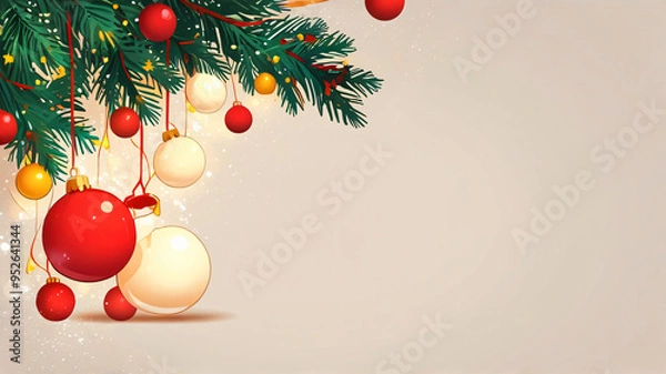 Fototapeta Christmas background design with decorated light bulbs, Christmas tree and empty space for text