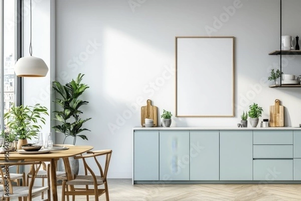 Fototapeta Poster Mockup in Kitchen Interior with White Wall created with Generative AI