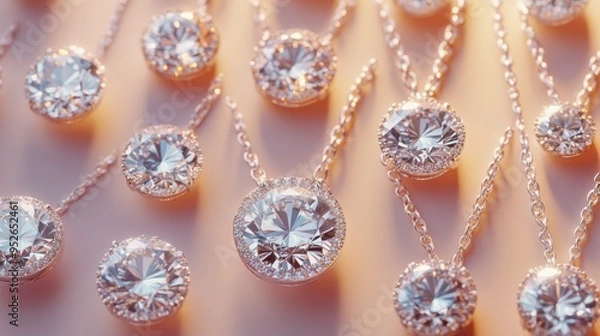 Fototapeta Radiant Diamond Necklaces: A luxurious collection of sparkling diamond necklaces, elegantly arranged on a soft peach background.  Each pendant showcases exquisite craftsmanship and brilliance.