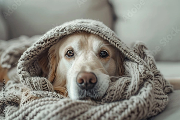 Fototapeta a dog is wrapped up in a blanket