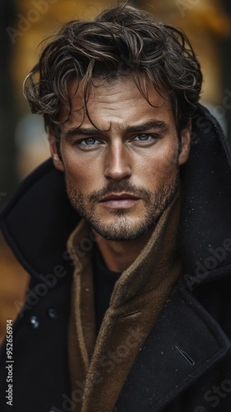 Fototapeta The man exudes confidence with his wavy hair and intense gaze dressed in dark outerwear surrounded by warm autumn colors that add depth to the moment
