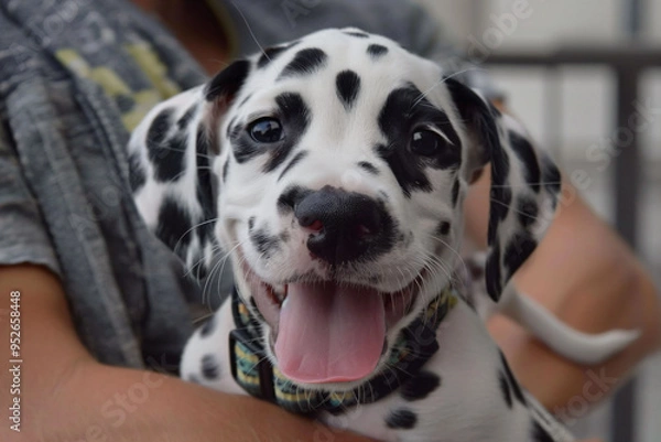 Fototapeta a dalmatian puppy is being held by a person