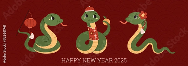 Fototapeta Happy Chinese New Year 2025. Horizontal banner. Cute green snakes with tangerine and red paper lantern. Zodiac animal. Lunar new year concept. Cartoon style. Kawaii characters. Vector illustration.