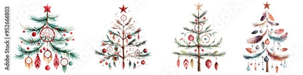 Obraz A collection of decorated Christmas trees in a whimsical watercolor style, perfect for festive designs and holiday decorations.