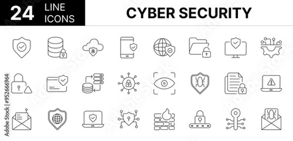 Fototapeta Collection of 24 cyber security line icons featuring editable strokes. These outline icons depict various modes of cyber security, technology, secured, software, antivirus, 