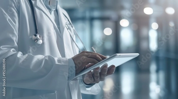 Fototapeta A healthcare professional using a tablet in a modern medical environment, showcasing technology in patient care.