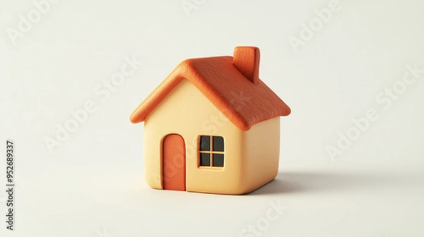 Fototapeta A 3D rendering of a small house with a red door, windows, and chimney, isolated on a white background.
