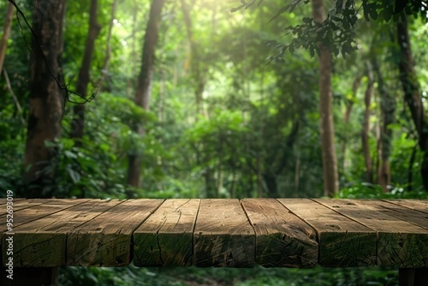Fototapeta A serene wooden table in a lush green forest, perfect for showcasing nature's beauty and tranquility.