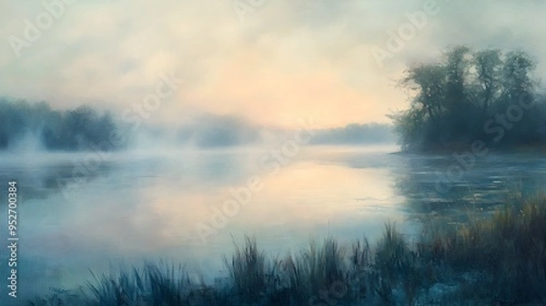 Fototapeta Ethereal Lake Landscape with Misty Dawn Light in Impressionist Style