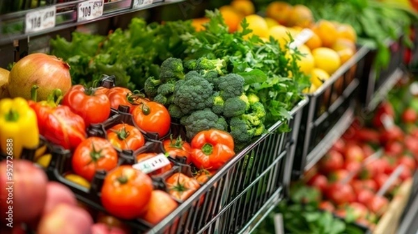 Fototapeta Close-up of a full supermarket cart with fresh vegetables and fruits in a store aisle