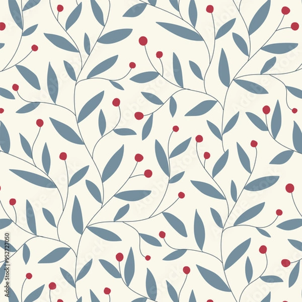 Fototapeta Elegant seamless pattern of hand drawn continual branches with gray leaves and red berries on beige
