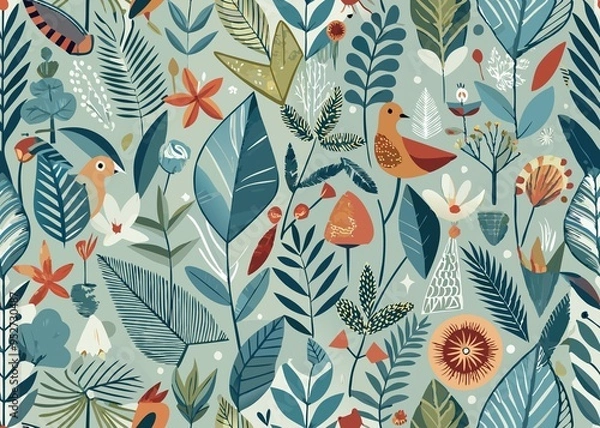 Fototapeta Modern geometric background. Abstract nature: forest, trees, leaves, flowers, birds, butterflies, fruits and berries. Set of icons in flat minimalist style. Seamless pattern. Vector illustration.