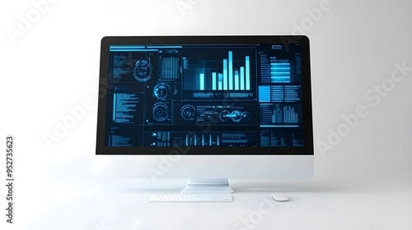 Fototapeta A modern virtual server interface displayed on a sleek computer screen with blue light effects on a solid white background