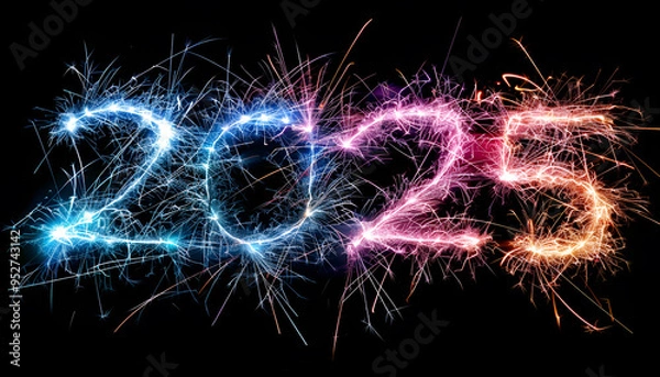 Fototapeta New Year 2025 light. Sparklers draw figures 2025. Bengal lights and letter