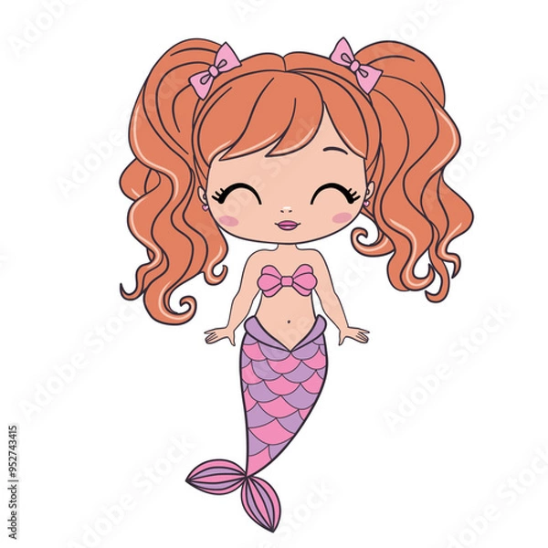 Obraz Beautiful little mermaid. Siren. Sea theme. Hand drawn vector illustration on a white background.