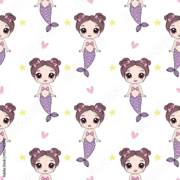 Obraz Mermaids girls vector pattern. Cute cartoon card with little mermaid seamless pattern. Fish, mermaid under the sea cartoon style