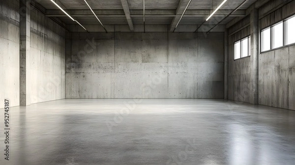 Fototapeta An empty warehouse with polished concrete floors and walls, showcasing ample copy space for text or graphics
