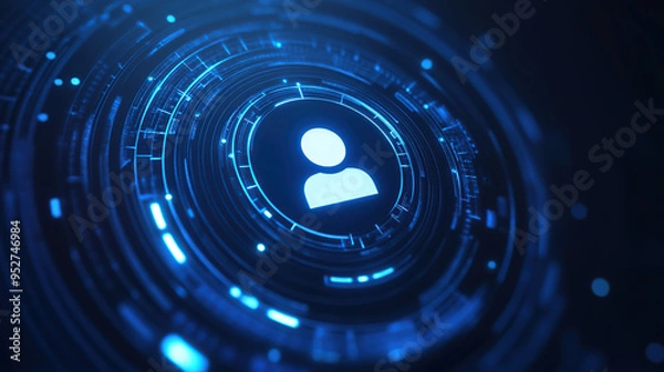 Fototapeta Abstract futuristic digital background with a glowing white user icon at the center, surrounded by concentric circles.