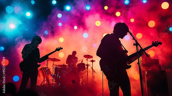 Fototapeta Live Concert Band Silhouetted on Vibrant Stage. Silhouetted musicians playing at a vibrant live concert, ideal for music-related promos and event flyers.