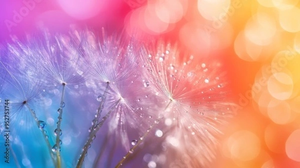 Fototapeta Dandelion seeds with water droplets on colorful backdrop