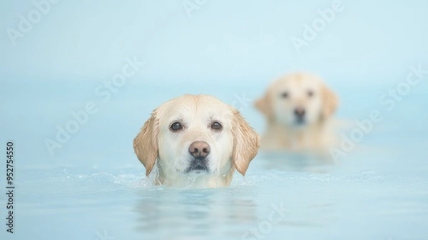 Fototapeta Dogs joyfully splashing around in a pool while enjoying a delightful swimming adventure together.