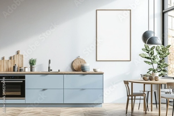 Fototapeta Poster Mockup in Kitchen Interior with White Wall created with Generative AI