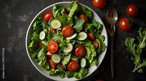 Obraz Green Leaf Salad with Sliced Tomatoes
